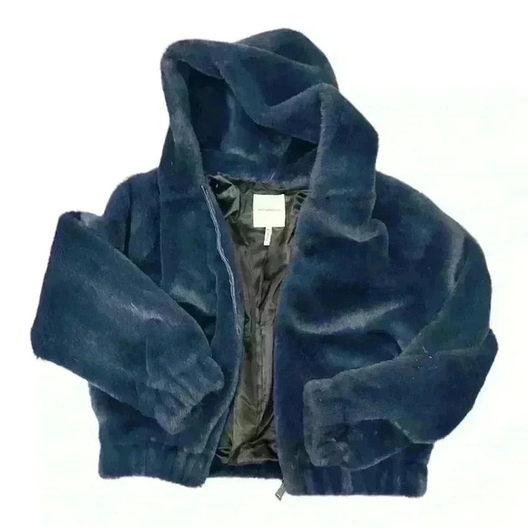Avec Les Filles Navy Faux Fur Zip-Up Bomber Jacket with Hood, Size XS - Picture 5 of 7